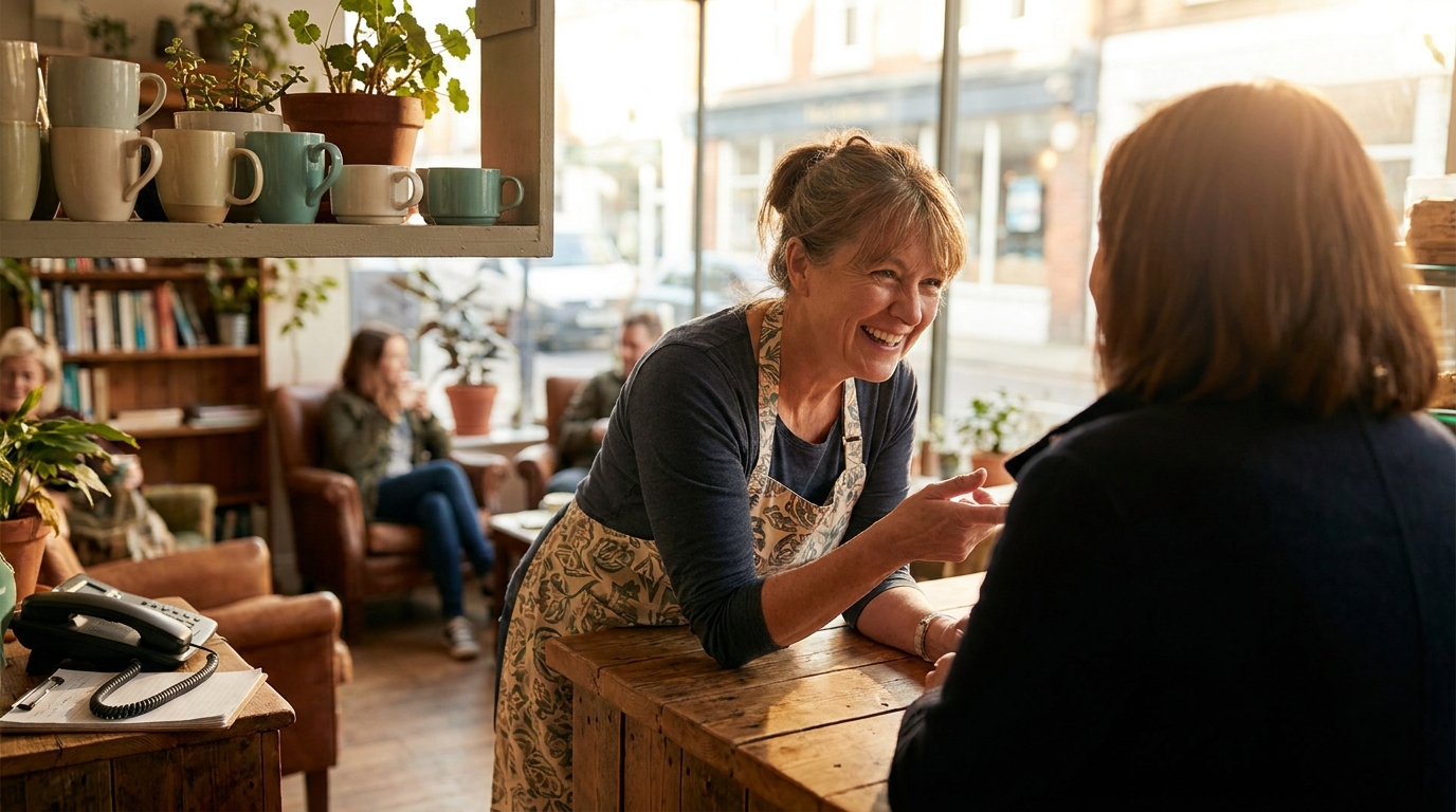 A café owner smiling with a customer at the counter while CallMelo answers the phone